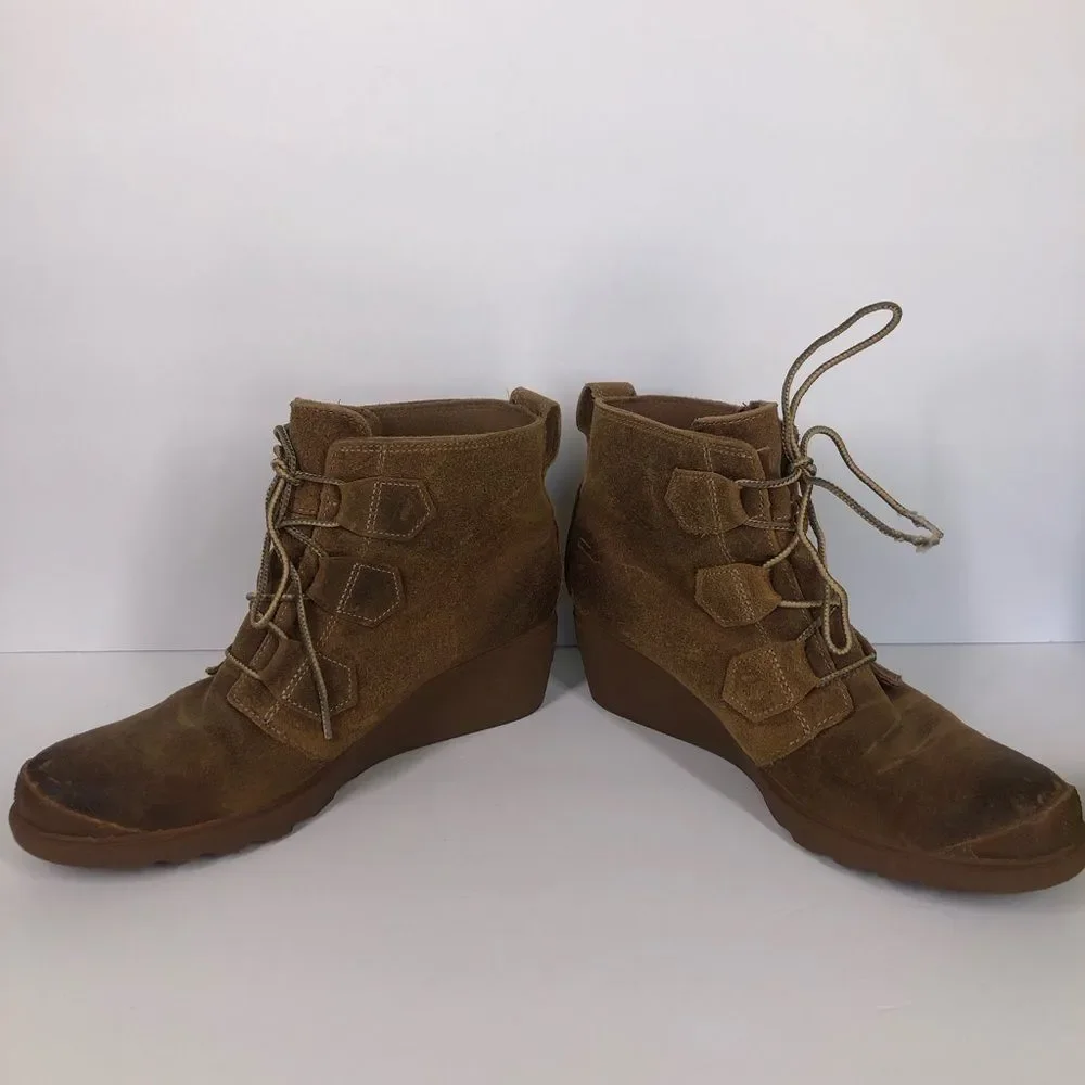 SOREL Toronto Brown Suede Lace Up Wedge Boots Booties Size 10.5 NL2115-286
